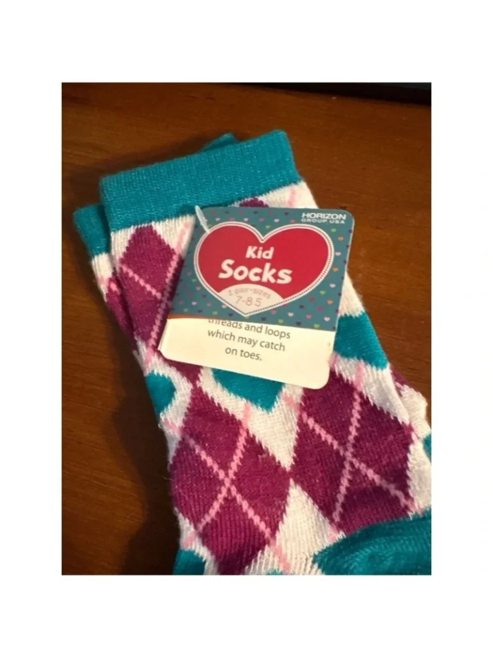 Girls Socks 7-8.5 Teal & Purple Argyle Heart Pattern Polyester Blend Horizon Gro